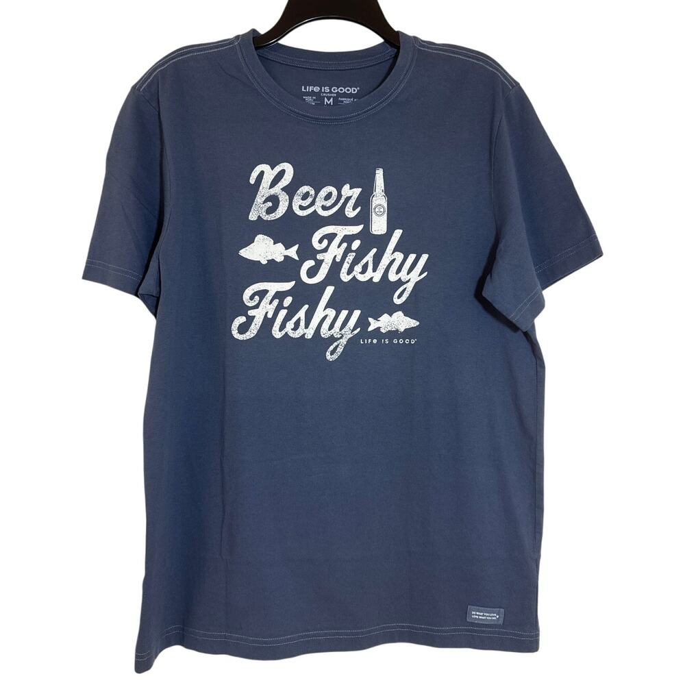 NWT Men's Life is Good, Medium Short Sleeve Navy Blue T-shirt, Beer Fishy Fishy